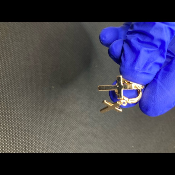 Cross Earrings Gold Huggie Hoop Dangle Drop - Picture 8 of 12